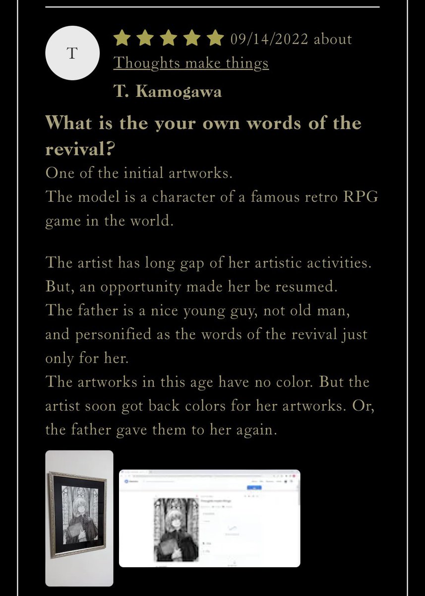 #Art Reviews
🖼Thoughts make things🖼
Artwork review written by  Sachi Art Owner
👇👇👇👇👇👇
@  T. Kamogawa

Thank you so much Kamogawa🥰
I was very moved by your wonderful review, which was like a poem🕊✨

https://t.co/BYwu0TQWnw 