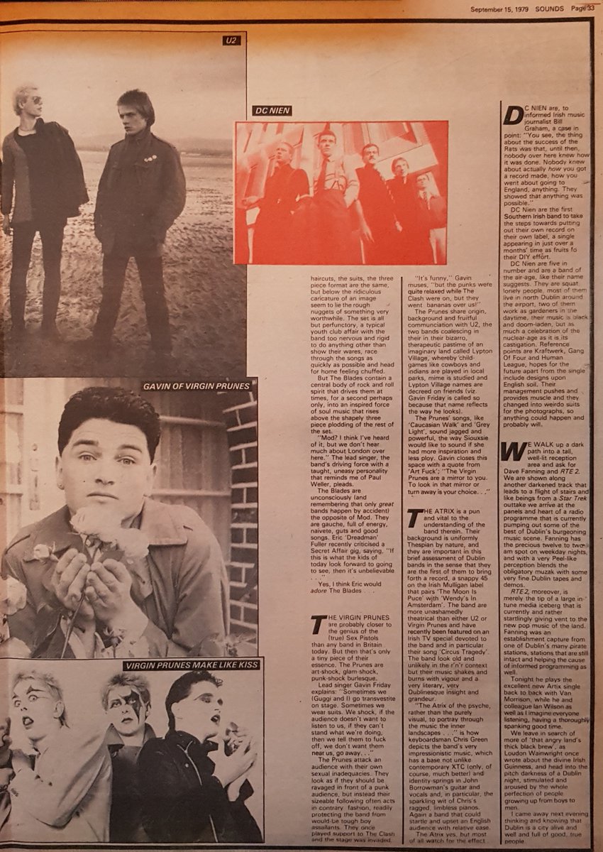 SoundsClips's tweet photo. 15th, September 1979 an article on New Southern Irish Acts by Dave McCullough including U2, Virgin Prunes, The Atrix, The Blades and DC Nien. Pics by Paul Slattery. "U2, the most important band to emerge from Ireland since the Boomtown Rats." @U2 @JJohnFoyle  @davefanning https://t.co/9rcZSgFneL