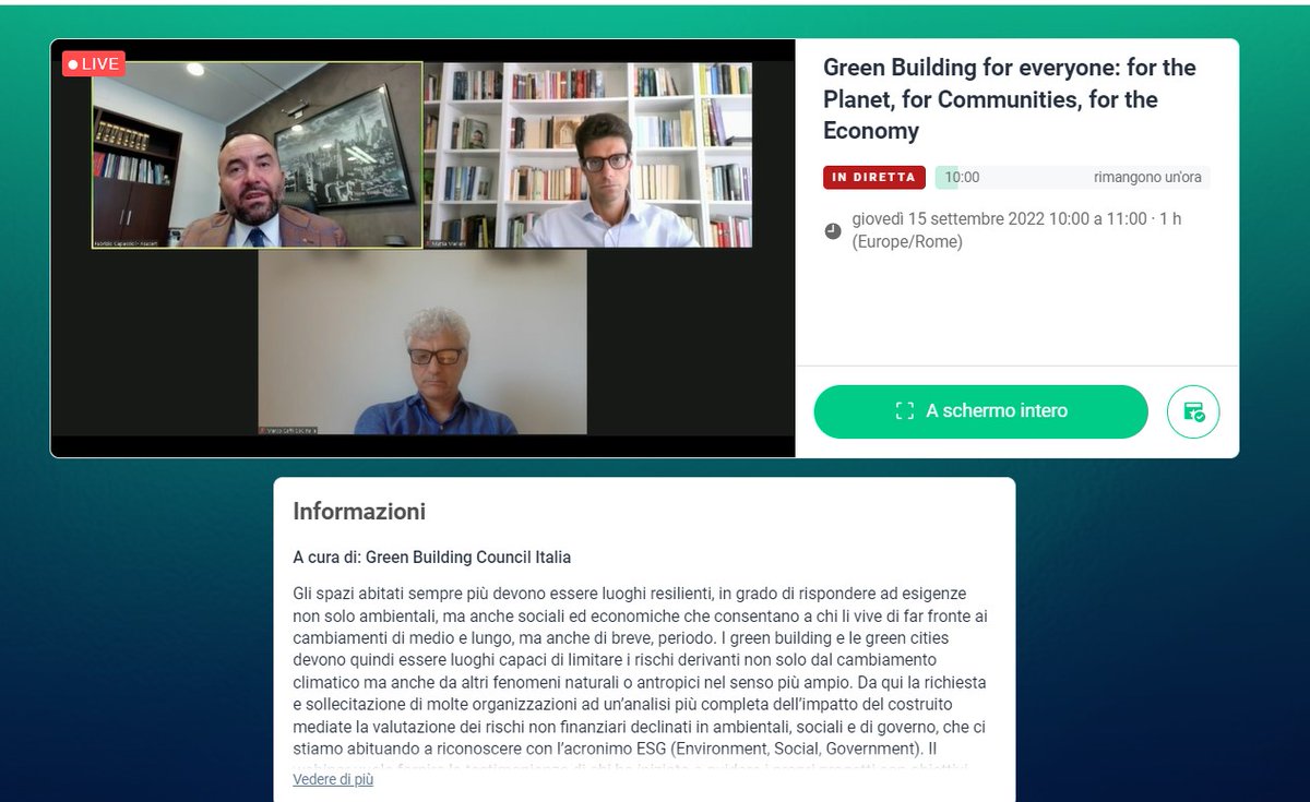 GBCItalia's tweet photo. 🔴Siamo live con il webinar della #DigitalGreenWeek #KeyEnergy #Ecomondo #WGBW22 #BuildingForEveryone
Per seguirci registrati qui: https://t.co/v1mzFaf3bn https://t.co/xYUXwCwqRi