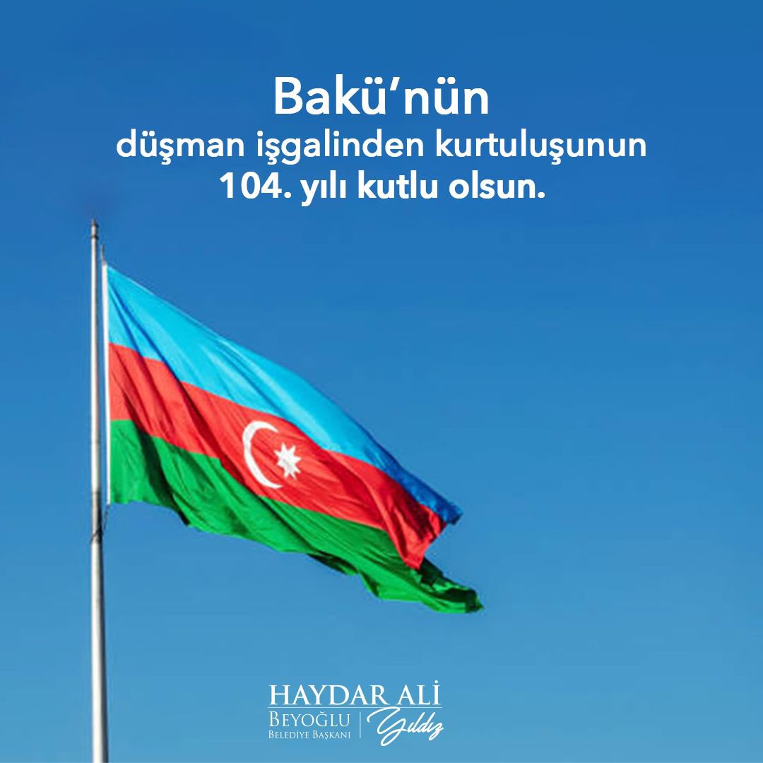 haydaraliyildiz's tweet photo. İki bayrakta tek yüreğiz! 🇹🇷🇦🇿

Azerbaycan'ımızın başkenti Bakü'nün düşman işgalinden kurtuluşunun 104. yılı kutlu olsun.

Bu zaferi geleceğe miras bırakan kahramanlarımızı rahmetle anıyorum. https://t.co/s7TsrMTKdU
