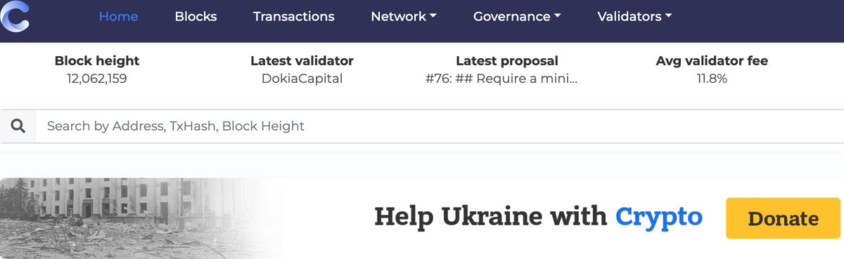 EverstakeCosmos's tweet photo. 2/10 Data can be extracted for $ATOM, $XPRT & $BTSG
The pinned upper field contains:
- Current chain stats such as block height, latest validator, block time, price;
- Search bar for address, block, or transaction;
- Banner "#HelpUkraineWithCrypto" to donate to @_AidForUkraine https://t.co/pOlLUCwD1V