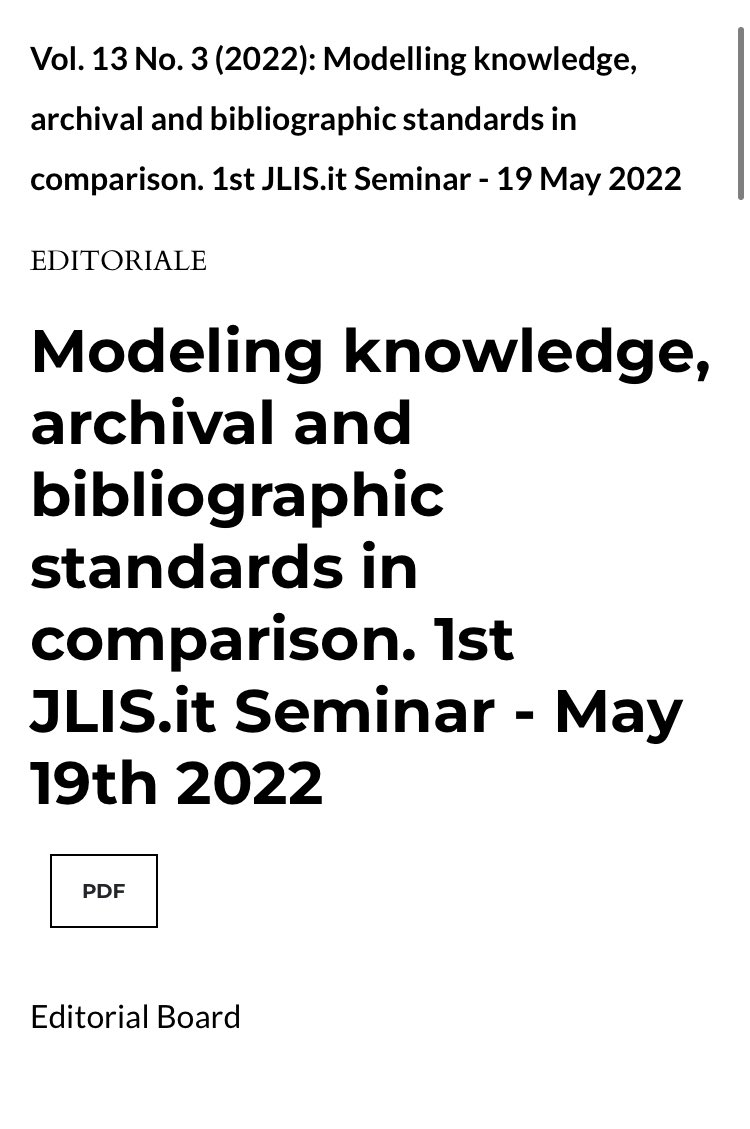 ‼️Now online the new issue of #jlis ‼️ Modeling knowledge, archival and bibliographic standards in comparison. 1st JLIS.it Seminar - May 19th 2022 📂 V.13, n.3 2022 JLIS.it jlis.it/index.php/jlis… <a href="/UNI_FIRENZE/">Università di Firenze</a> <a href="/FirenzeUniPress/">FUP</a>