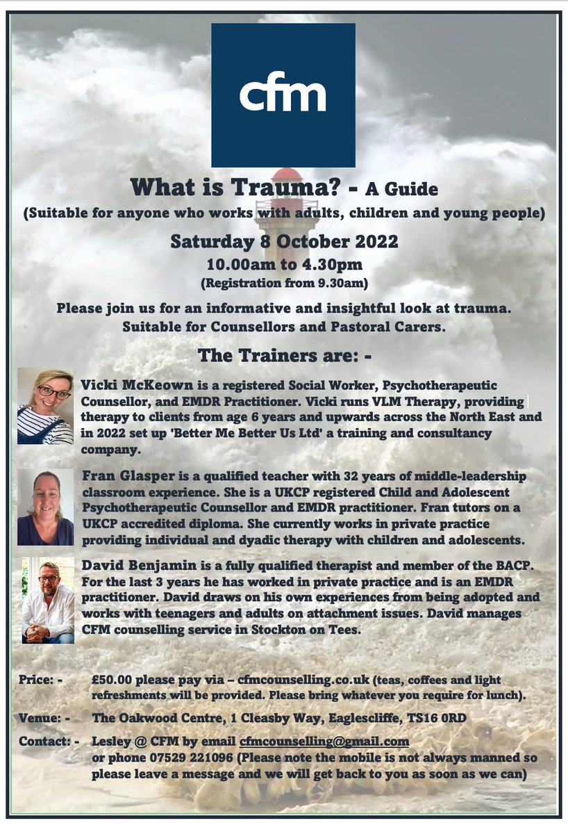 Vicki McKeown / VLM Therapy (@vlmckeown) on Twitter photo If you work in school, residential setting or youth worker then this course might be of interest to you. It’s just £50 so absolute bargain!
eventbrite.co.uk/e/what-is-trau…
#training #trauma #school #residentialworker #youthworker #senco #pastoral
<a href="/FFglasper/">FGlasper💙💙💙</a> <a href="/DavidBenjamin89/">David Benjamin</a> If you work in school, residential setting or youth worker then this course might be of interest to you. It’s just £50 so absolute bargain!
eventbrite.co.uk/e/what-is-trau…
#training #trauma #school #residentialworker #youthworker #senco #pastoral
<a href="/FFglasper/">FGlasper💙💙💙</a> <a href="/DavidBenjamin89/">David Benjamin</a>