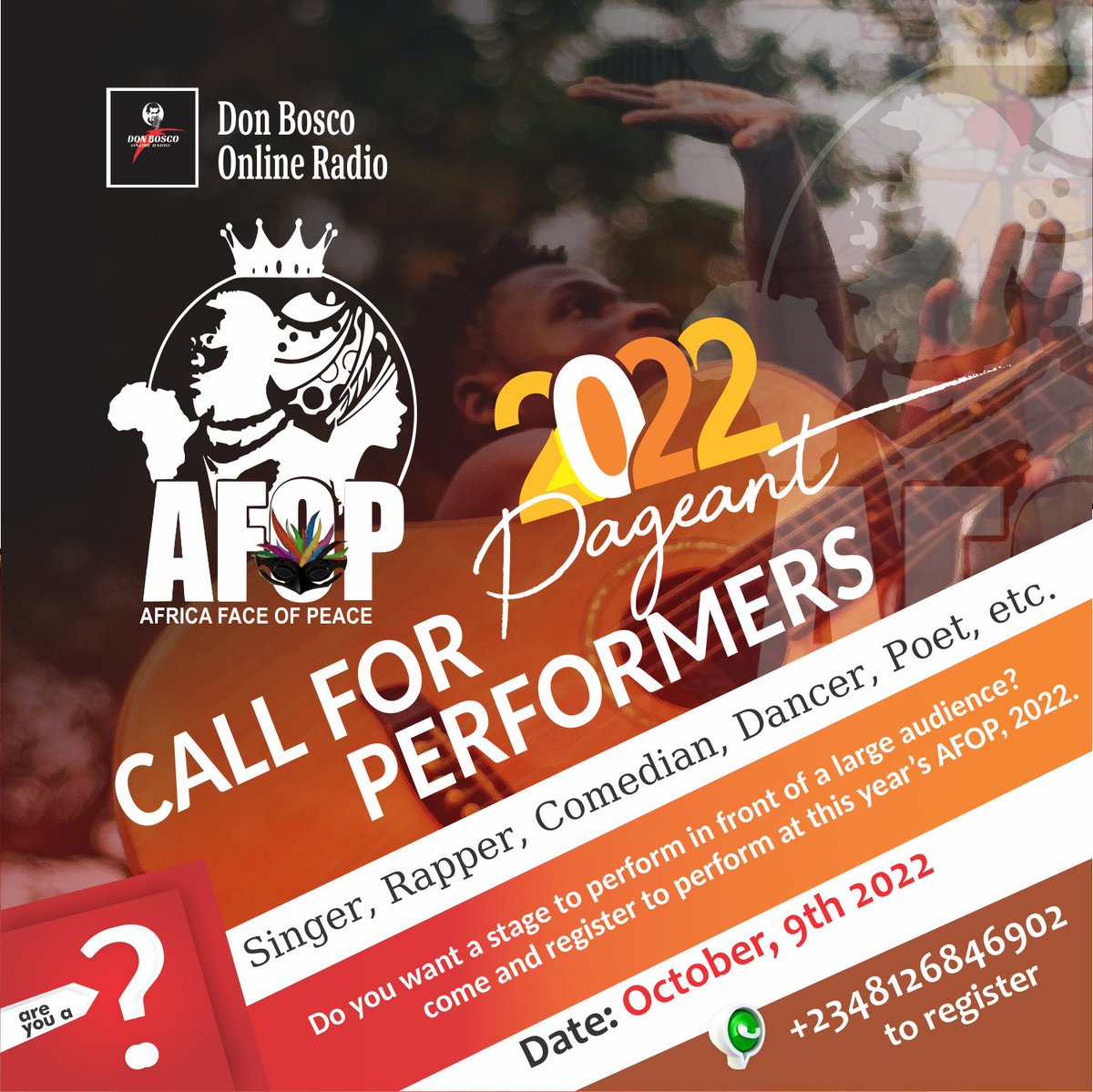 donbosco_radio's tweet photo. The biggest Pageant of the Falls Season in Akure is back again. Don Bosco Online Radio Presents AFOP2022.
Are you a performer and you want a large stage to get your craft out there?
Are you a vendor and you need a spot to reach a large customer base?
Register for a slot today. https://t.co/J17aEDK064