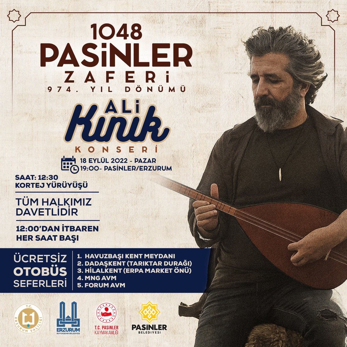 #PasinlerZaferi’mizin yıl dönümü coşkusunu ilçemizdeki etkinlikler ve konserlerle hep birlikte yaşayacağız. 🎶 Pasinler’de düzenlenecek ve ücretsiz otobüs seferlerinin de yapılacağı etkinliklerimize tüm halkımız davetlidir.