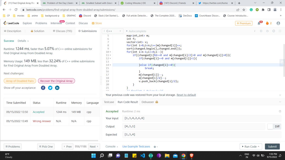 llDarkwayll's tweet photo. Day 77 of 100 Days of Code Program by
@CodeinCommunity

, Supported by
@MinutesCoding

Ques1:Doubled Array (Leetcode)
Code link:https://t.co/Vgnsf5wFpG
Discord:https://t.co/S4dOkeJfQi

#100daysofcodechallenge #codeincommunity #codein100daysofcode #100daysofcode #coding https://t.co/0H4ZUL7ot4