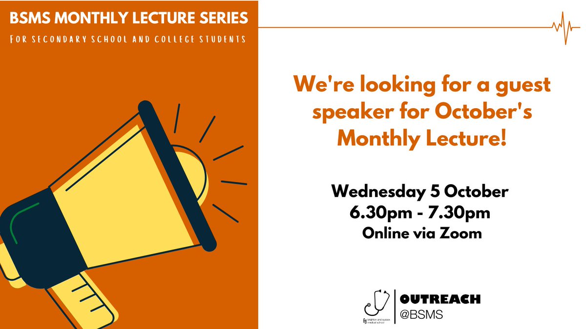 BSMSOutreach's tweet image. We're looking for someone to share their passion, triumphs and challenges of working in medicine, on the 5th Oct., as part of our online lecture series (see here for previous lectures bit.ly/3RK5T2R) 

If you'd like to get involved➡️outreach@bsms.ac.uk

#medtwitter