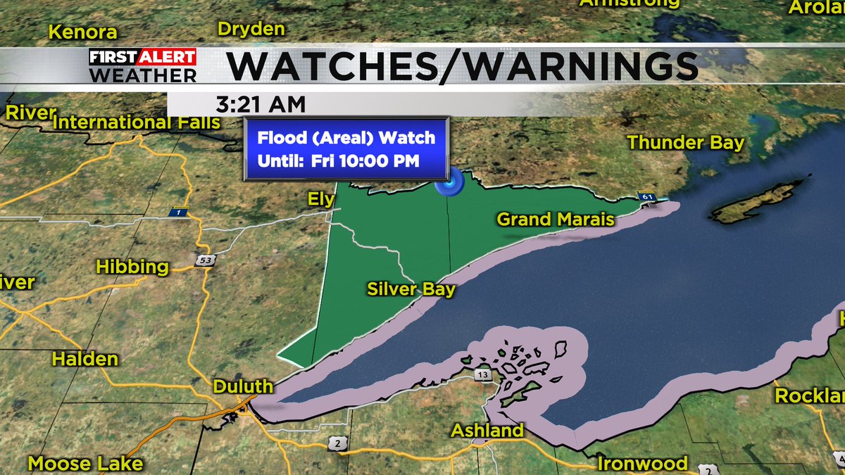 Tha National Weather Service has issued a Areal Flood Watch for the Arrowhead of Minnesota starting tonight through Friday evening. Excessive rainfall may lead to flash flooding in these areas. We'll have more on KBJR 6 and CBS 3 from 5-7 AM!