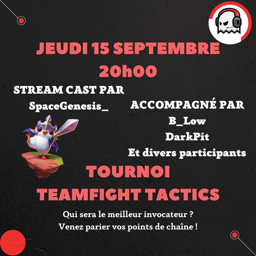 Hello !

 <a href="/SpaceGenesis_/">Space_Genesis</a> vous donne rendez-vous pour un second  #tournoi sur #TeamFightTactics à 20h00 en la compagnie de <a href="/darkpit59/">Anthony - DarkPit59</a>, <a href="/B_Low4100stream/">B-Low (Serpentard)</a> et moultes participants !

Vous pourrez parier vos points de chaîne sur votre participant préféré lors des combats.
À ce soir !