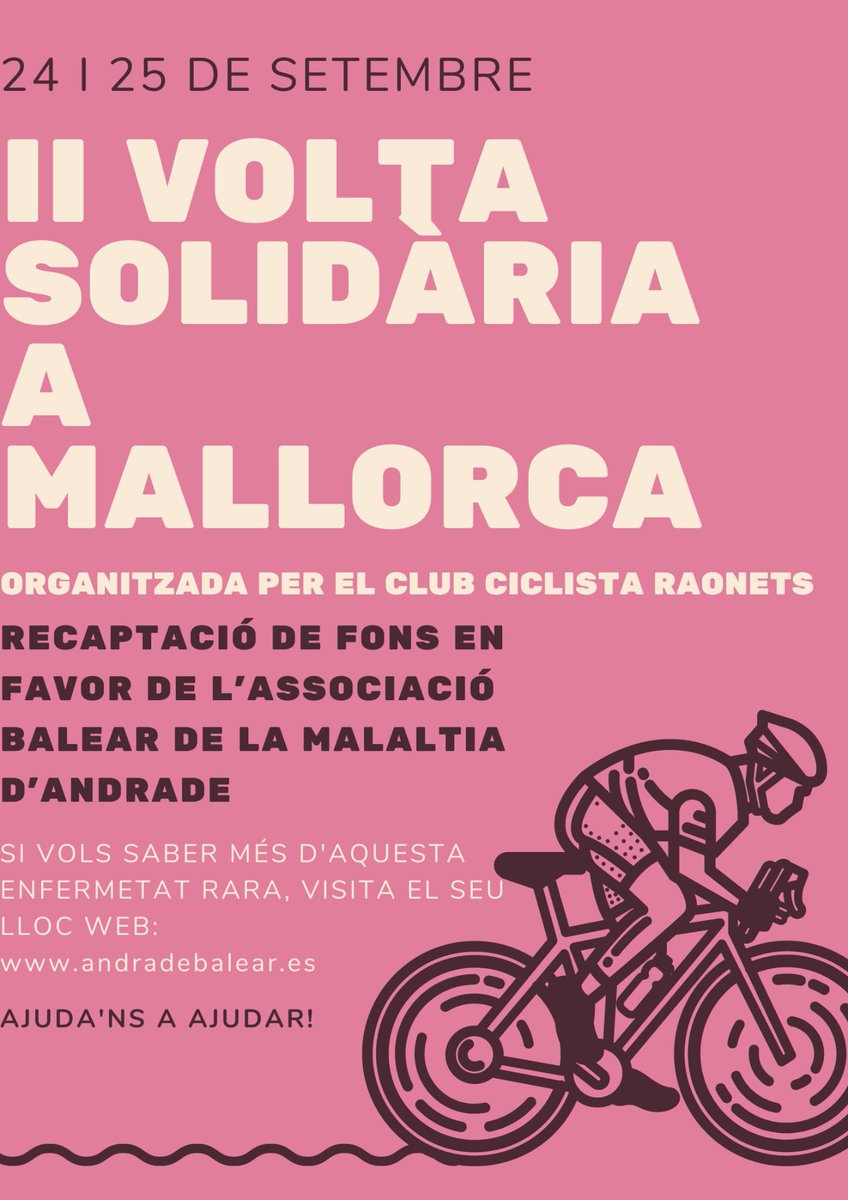 🚴‍♀️II VUELTA SOLIDARIA A MALLORCA EN BICICLETA
📢Los días 23 y 24 de septiembre el Club Ciclista Raonets dará la vuelta a Mallorca con el objetivo de visibilizar la #AhTTR y recaudar fondos para la asociación.
👍¿Te sumas a la causa? Haz un donativo en gofund.me/49467549