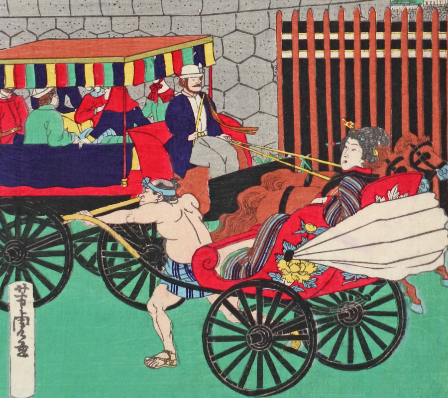 すれ違う人力車と馬車。どちらも明治維新の象徴と言える乗り物ですが