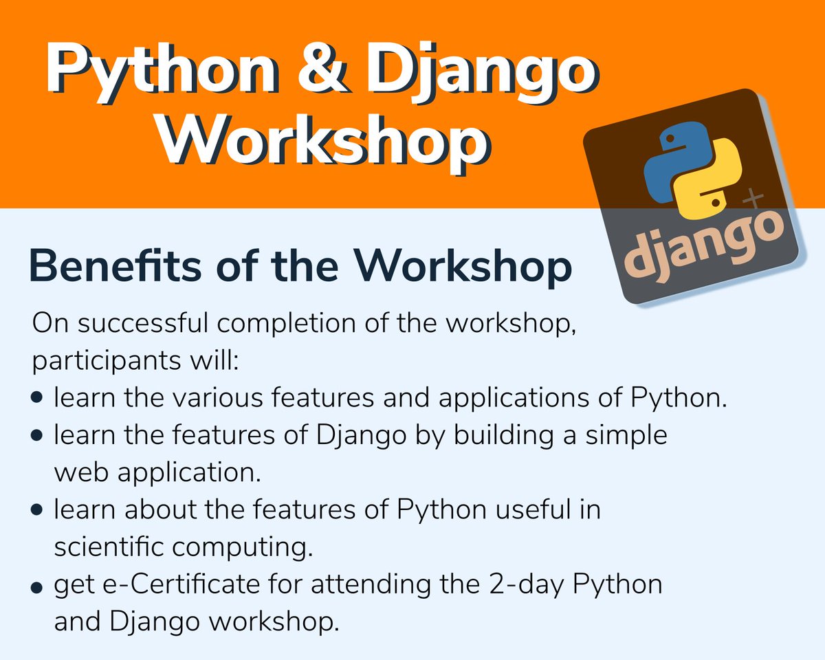 FOSSEE (@fossee) on Twitter photo Check out the benefits of attending the #Python and #Django #workshop.
Registration is in progress. To register, visit bit.ly/3LdKInH
#opensource #AI #ML #coding #dataanalysis #datascience <a href="/ThePSF/">Python Software Foundation</a> <a href="/SciPyIndia/">SciPyIndia</a> <a href="/prabhu_r/">Prabhu Ramachandran</a> <a href="/KannanMoudgalya/">Kannan Moudgalya</a> <a href="/iitbombay/">IIT Bombay</a> <a href="/AICTE_INDIA/">AICTE</a> @PIBHRD Check out the benefits of attending the #Python and #Django #workshop.
Registration is in progress. To register, visit bit.ly/3LdKInH
#opensource #AI #ML #coding #dataanalysis #datascience <a href="/ThePSF/">Python Software Foundation</a> <a href="/SciPyIndia/">SciPyIndia</a> <a href="/prabhu_r/">Prabhu Ramachandran</a> <a href="/KannanMoudgalya/">Kannan Moudgalya</a> <a href="/iitbombay/">IIT Bombay</a> <a href="/AICTE_INDIA/">AICTE</a> @PIBHRD