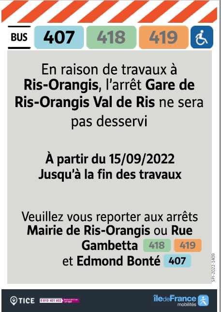 EvryEss_IDFM's tweet image. #InfoTrafic En raison de travaux, l'arrêt Gare de Ris-Orangis Val de Ris #bus407 #bus418 #bus419 ne sera pas desservi à partir du 15 septembre jusqu'à la fin des travaux. Merci de votre compréhension. Bonne journée 🚌