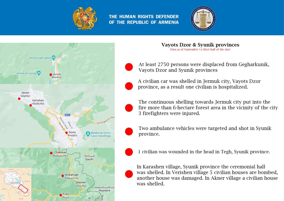 OmbudsArmenia's tweet photo. 🇦🇿 has targeted #civilians and vital #civilianinfrastracture during the attack on 🇦🇲. This is our data as of 14h00 yesterday- September 14. Info will be updated next. @UNArmenia @UNGeneva @ArmeniaUN @Armembsuisse https://t.co/juXeN9zra1