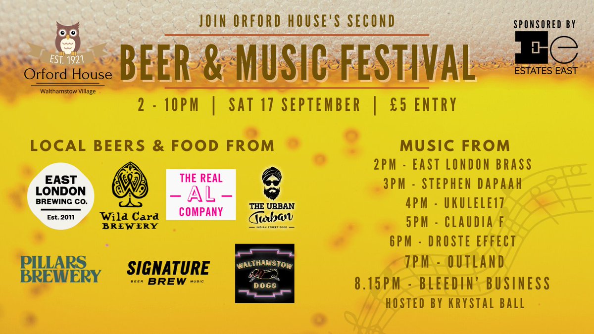 #Walthamstow - join us on Saturday 17 for our Beer &amp; Music festival, featuring local breweries, local bands and local food. 😀🍺
2-10pm, £5 entry...
#e17