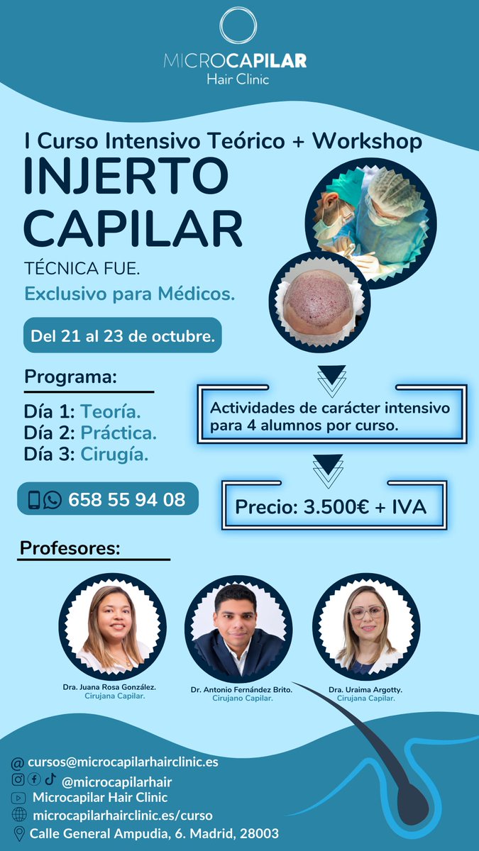 DFernandezbrito's tweet photo. Del 21 al 23/10 impartiremos el #Curso Teórico-Práctico de #InjertoCapilar para médicos, en #Madrid.

Tres días intensivos, one on one, con prácticas en modelos y pacientes. Con expertos en cirugía y medicina capilar.

Plazas limitadas sólo para 4 médicos previa entrevista. https://t.co/Jlz2uqIdKU