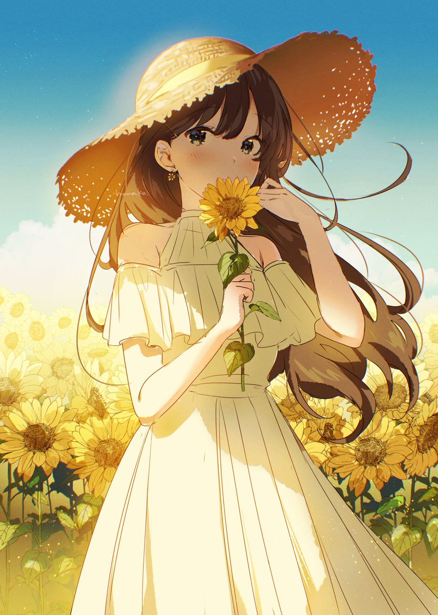 1girl flower hat solo dress sunflower outdoors  illustration images