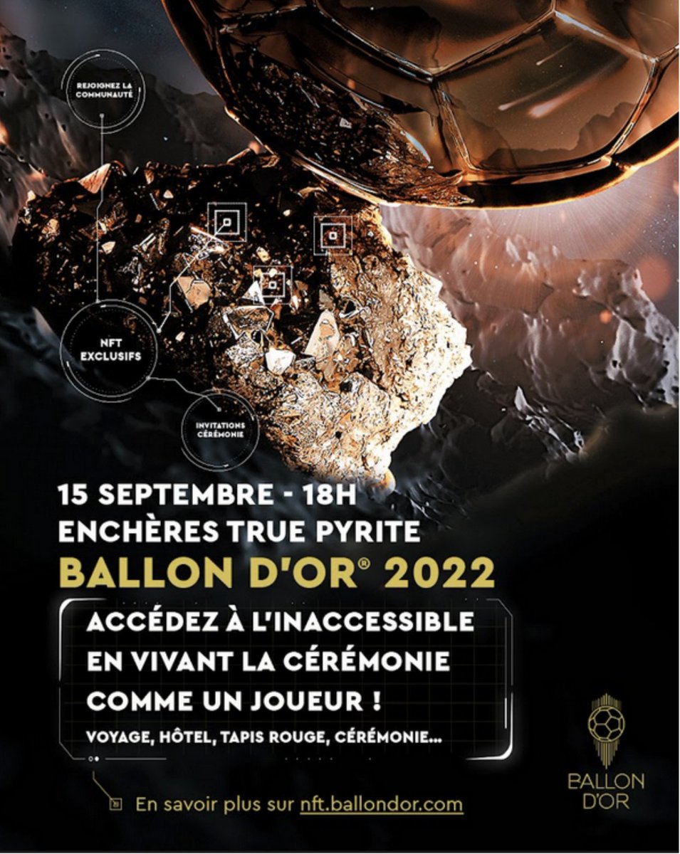 JulienROMAN13's tweet image. 🚨GIVEAWAY BALLON D’OR 🏆

Je fais gagner à la communauté 1 NFT Fragments de Pyrite + 15 WL. Pour participer:

RT + follow @francefootball 
+ follow @JulienROMAN13
+
 Rejoindre le discord discord.com/invite/ballond…