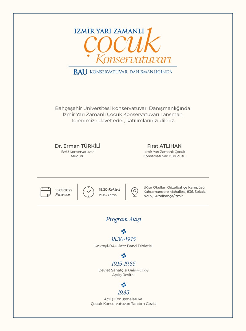 Bahçeşehir Üniversitesi Konservatuvarı Danışmanlığında  <a href="/UOGuzelbahce/">Uğur Okulları İzmir Güzelbahçe Kampüsü</a> Kampüsümüzdeki İzmir Yarı Zamanlı Çocuk Konservatuvarı Lansman törenimize davet eder, katılımlarınızı bekleriz.