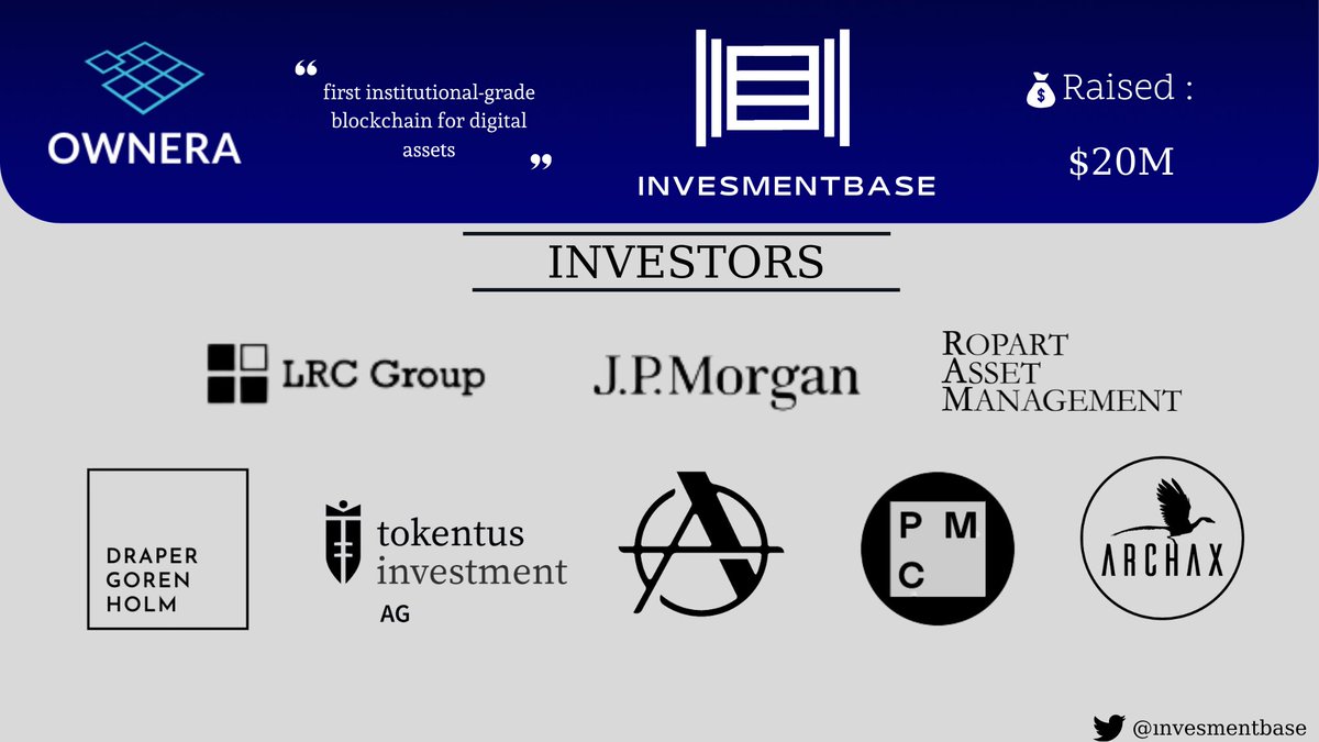 invesmentbase's tweet photo. Ownera is the first institutional-grade blockchain for digital assets
@OwneraIO get raised $20M fund led by J.P Morgan &amp; LRC Group 

Details : https://t.co/rvIO1iE2Rs https://t.co/8aek2gcctI