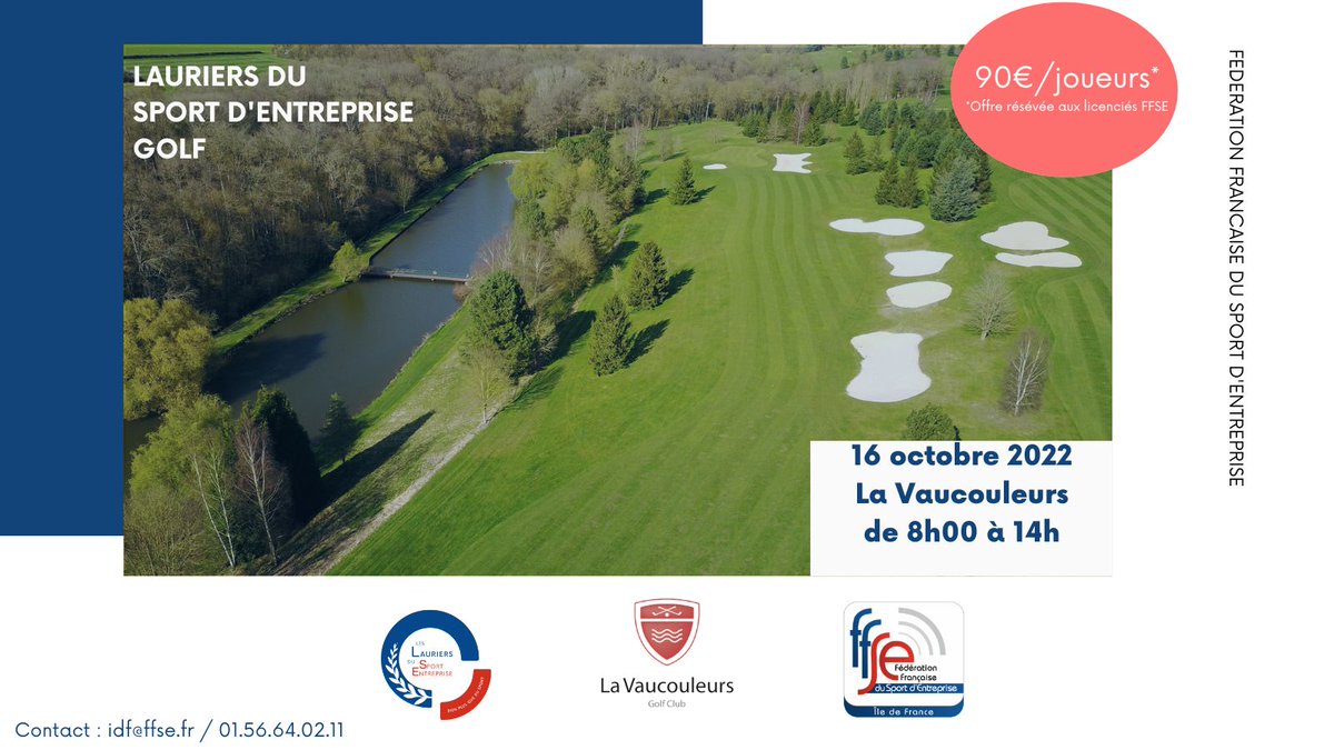 Laurier de golf ⛳️

Pour notre premier tournoi des Lauriers de la saison, nous vous invitons à nous rejoindre au Golf de La Vaucouleurs le 16 octobre 2022 de 8h à 14h 📅

Pour toute question : idf@ffse.fr / 01 56 64 02 11

#ffse #sport #entreprise #Golf