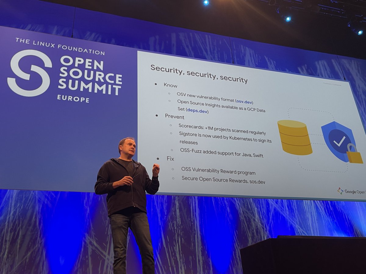 openssf's tweet photo. It's all about security, security, security!🔒 
1. Know
2. Prevent
3. Fix
- says Emilio Salvador, Head of Standards, Open Source Program Office @Google #Scorecards #OSSFuzz #sosdev @projectsigstore #OSSummit https://t.co/bjdS2InFDi