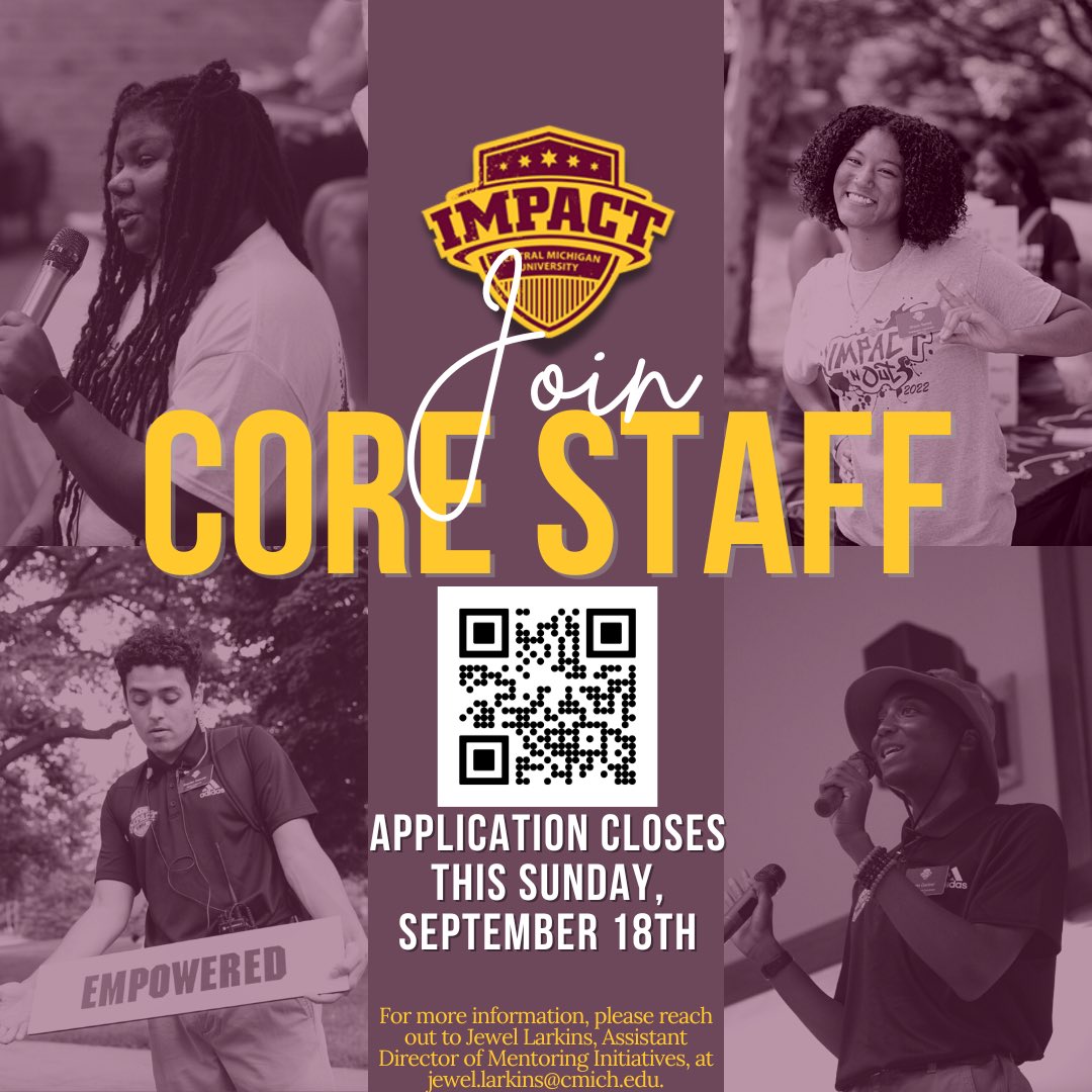 impact_cmu's tweet image. There are a few days left!! To apply, scan the QR code or click the link in our bio! 

The IMPACT 2023 Core Staff application closes THIS Sunday, September 18th. 

For more information, contact Jewel Larkins at Jewel.Larkins@cmich.edu.