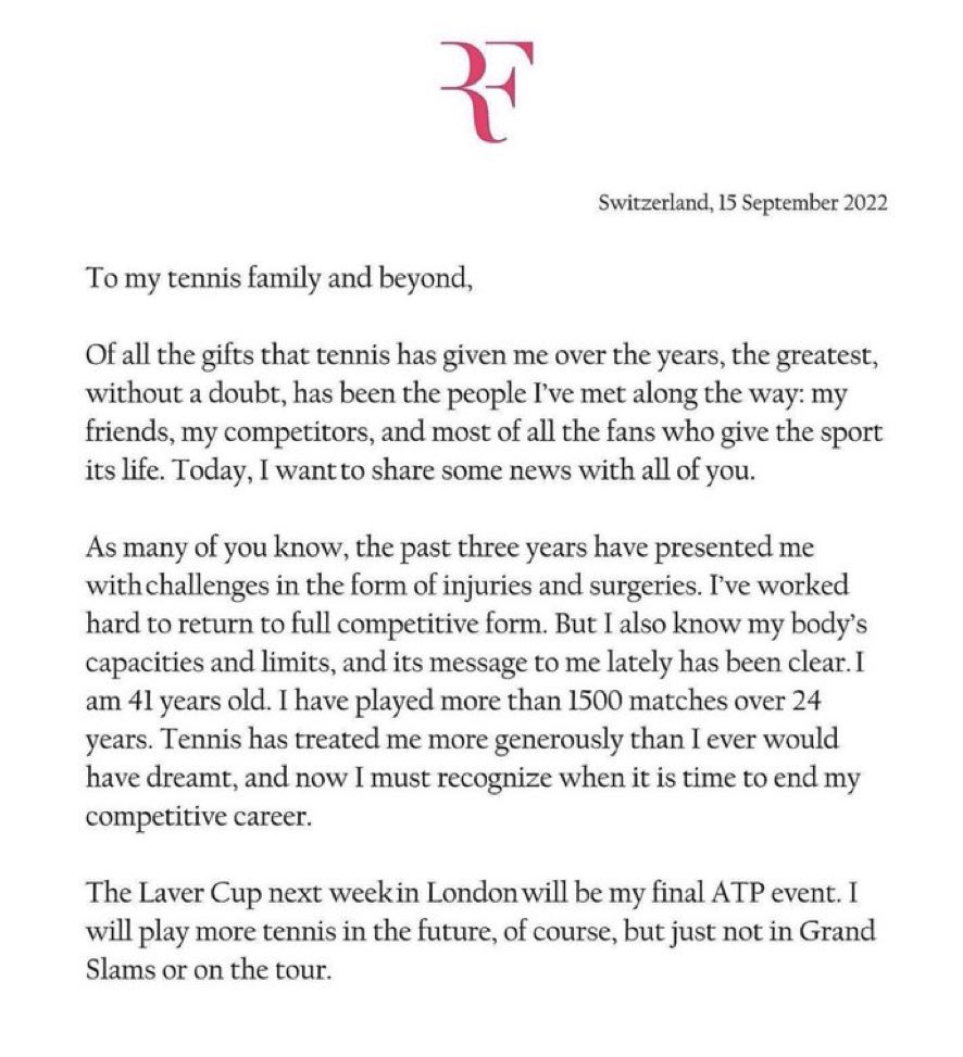 CastellanosCami's tweet photo. 👋🎾ADIÓS LEYENDA

Roger Federer se retira del deporte profesional.

Con 41 años, el suizo no solo ganó títulos sino muchos corazones en todo el mundo. Uno de los que nos hizo enamorarnos del tenis.

Federer se va siendo el 2º tenista con más victorias consecutivas; 40. https://t.co/VepFP410iD