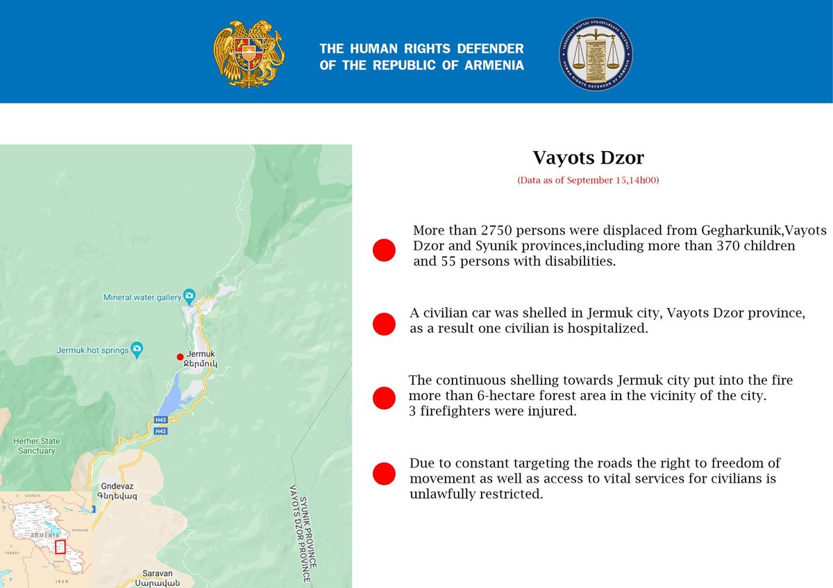OmbudsArmenia's tweet photo. Consequences of 🇦🇿 military attack on 🇦🇲 (our data as of 14h00 September 15). @UNArmenia @UNGeneva @ArmeniaUN @Armembsuisse https://t.co/AOqx5IhyNC