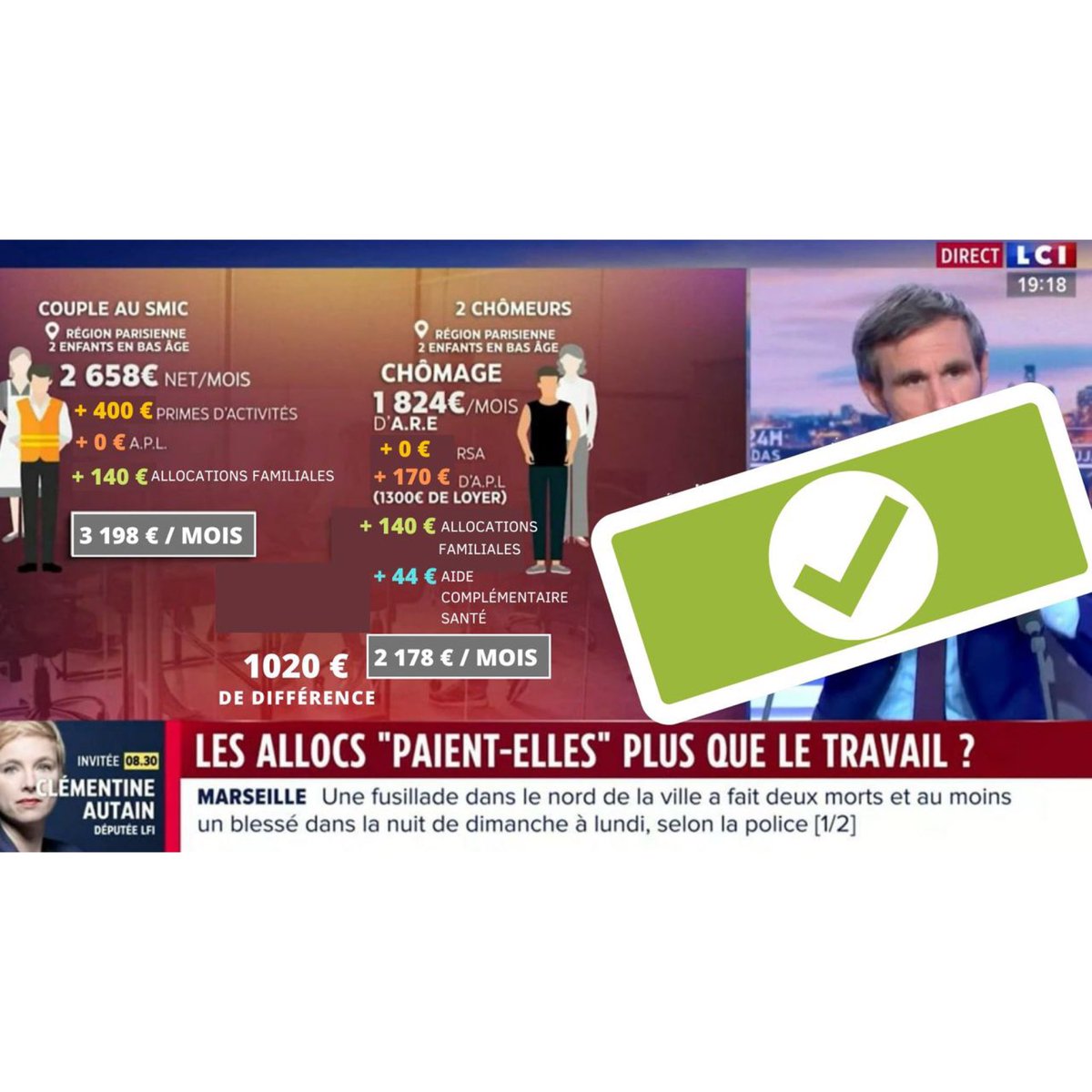 MathildePanot's tweet image. Honteux.
@LCI propage de fausses infos en prétendant que les allocations paient mieux que le travail. En pointant les pauvres du doigts, ils encouragent le fléau du non-recours. 
Les allocations sont des droits pas des privilèges !
Merci à @ATDQM pour son combat pour la dignité.