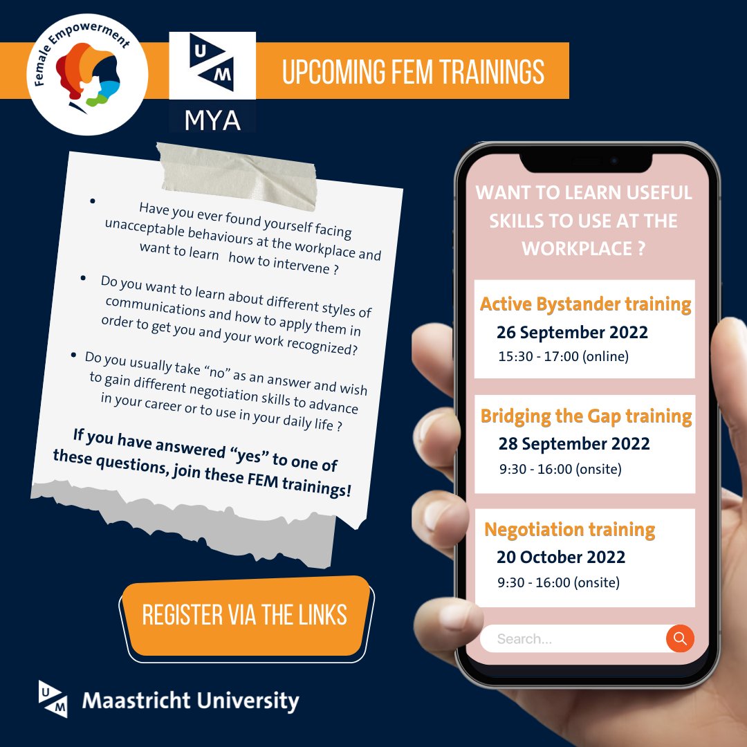 FemMaastricht's tweet photo. 🟡 Active Bystander training | 26 September
📲https://t.co/fV1DiFYk6j

🟡 Bridging the Gap | 28 September
📲https://t.co/n7vHUgCvn3

🟡 Negotiation | 20 October
📲https://t.co/mYnPmqBU2I

Check the links for more ‼️

#academia #maastrichtuniversity #trainings https://t.co/Rj4cT24w54
