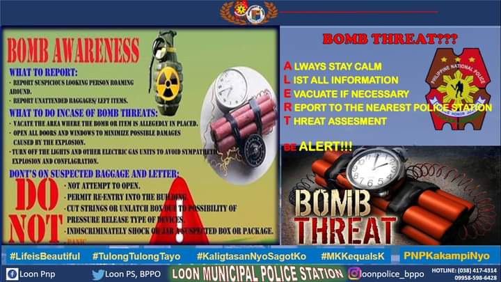 loonpsbppo's tweet photo. BOMB THREAT???

A LWAYS STAY CALM
L IST ALL INFORMATION
E VACUATE IF NECESSARY
R EPORT TO THE NEAREST POLICE STATION
T HREAT ASSESMENT

BE ALERT!!!

#lifeisbeautiful
#KaligtasanNiyoSagotKo
#TulongTulongTayo
#MKKequalsK
#PNPKakampiNyo
#TeamPNP
#WeServeAndProtect
#PNPPATROLPLAN2030 https://t.co/iTBBD2Zpc9