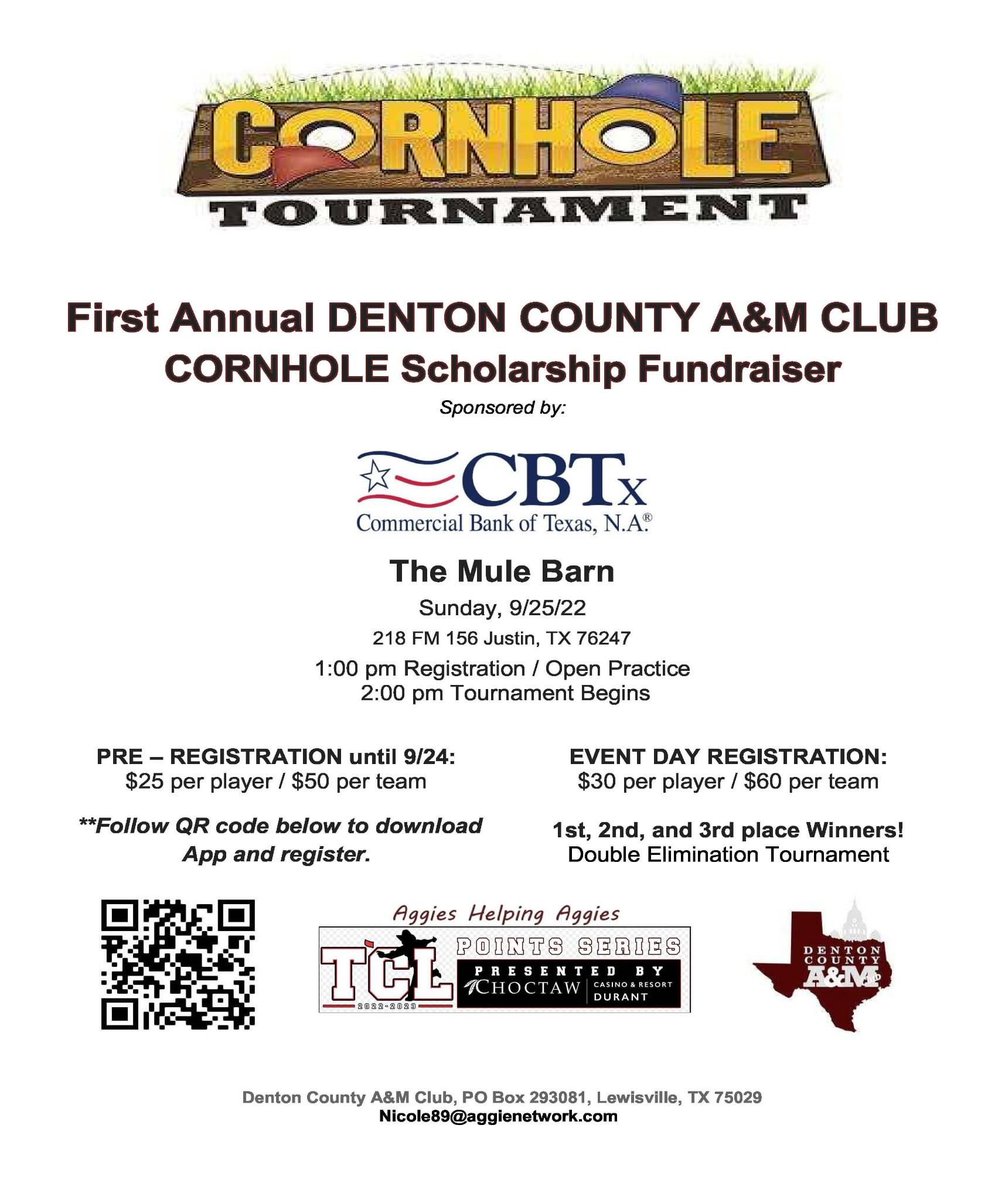 dentoncountyags's tweet photo. Our 1st annual Cornhole Tournament is coming up! Register today! 👍

https://t.co/EEDwUmgLXp

You do not have to be an Aggie to join. Everyone is welcome! https://t.co/eAAeVLny2O
