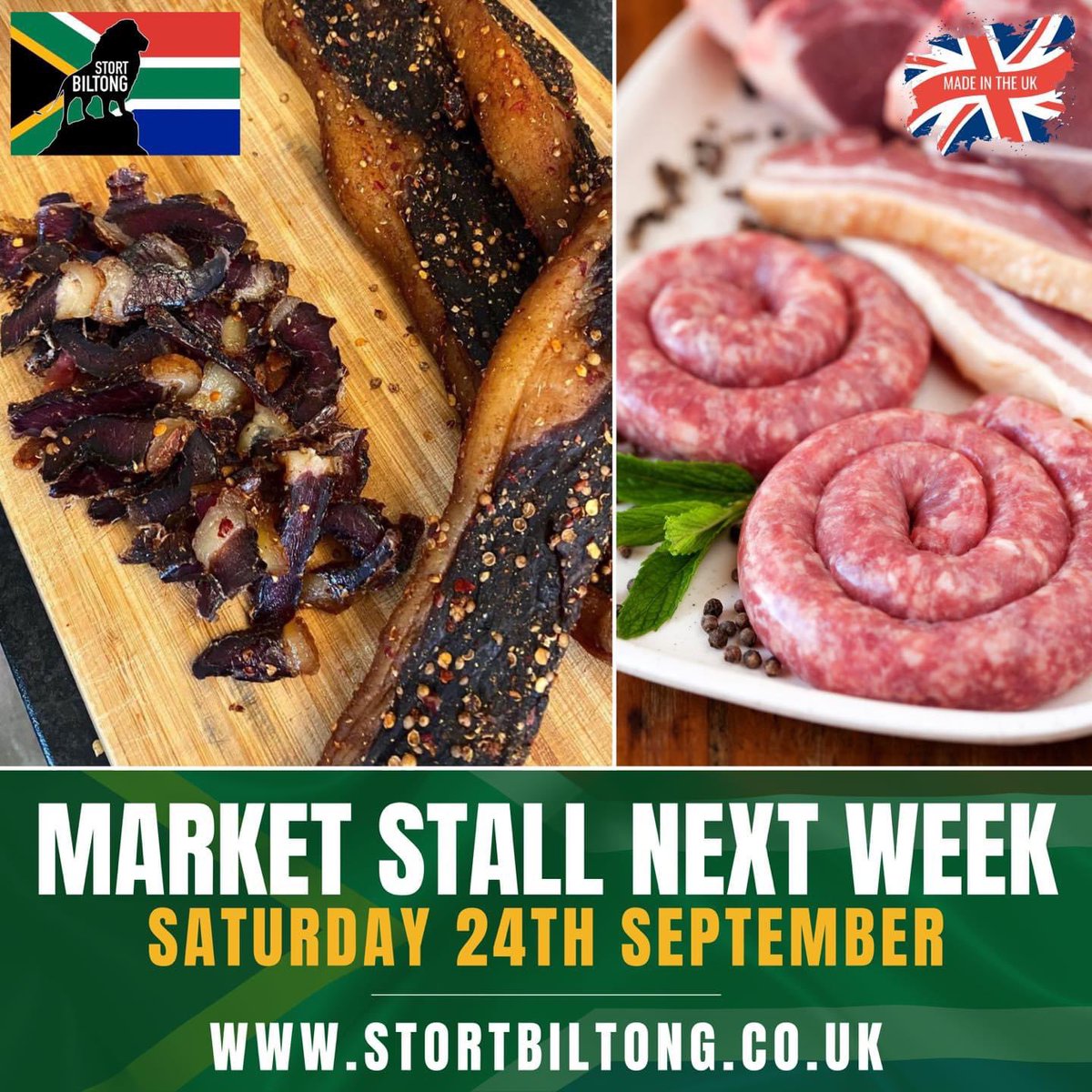 StortBiltong's tweet photo. We return to #BishopsStortford next weekend (Saturday 24th September - 09:00 - 15:00) for another big #SouthAfrican market stall!

#Biltong , #Boerewors , #Koeksisters  , #Droewors &amp; other delicious items 🇿🇦🇿🇦

See you there! 

https://t.co/B2FR24oZ51 https://t.co/lMbvO8G90Y