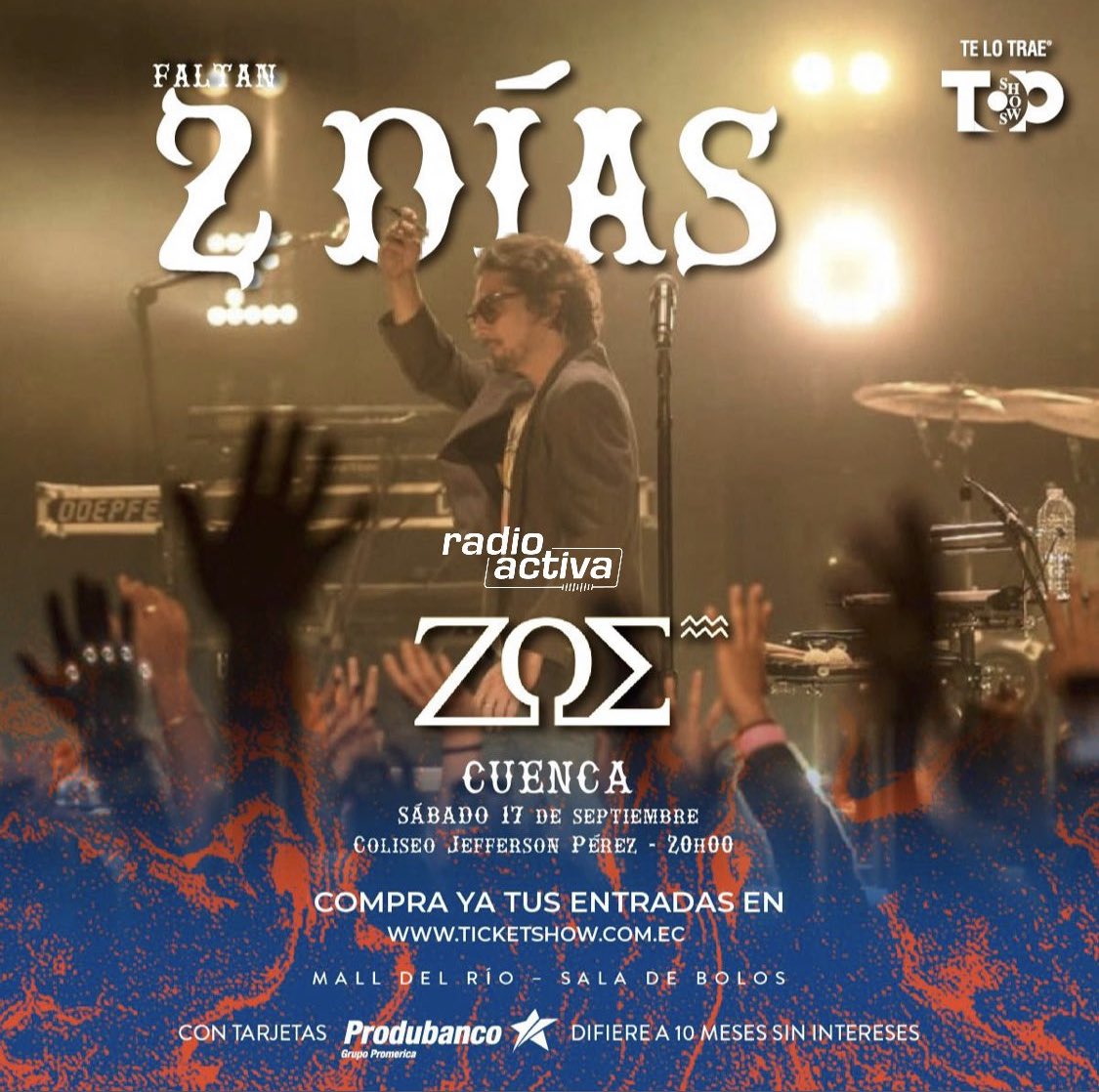 Hoy se presenta en Quito y en dos días más en Cuenca la mejor banda de rock electrónico y alternativo de la música en español <a href="/zoetheband/">ZOÉ</a> será un lujo volverlos a escuchar. Gracias a <a href="/TOPSHOWSECUADOR/">TOP SHOWS</a> invita <a href="/radioactiva_ec/">Radioactiva Ecuador</a>  <a href="/MileniumPlaza/">Milenium Plaza</a> <a href="/UNSIONTV/">UnsionTV</a> <a href="/OroVerdeCuenca/">HotelOroVerdeCuenca</a>