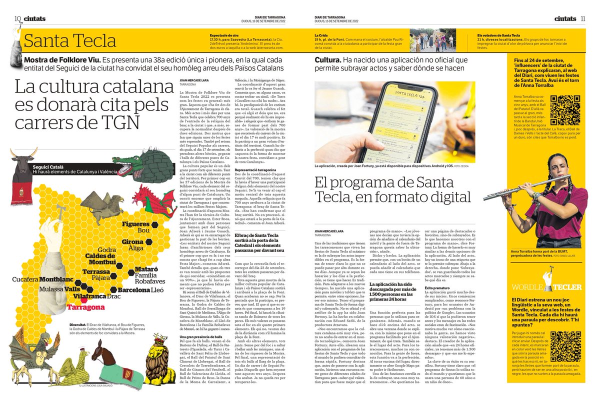 Joan Mercadé (@joanmerca_) on Twitter photo Doble pàgina avui al <a href="/diaridtarragona/">Diari de Tarragona</a> parlant de la gran Mostra de Folklore Viu que arribarà a Tarragona aquest dissabte i la nova app per mòbils del programa de <a href="/SantateclaTGN/">Santa Tecla Tarragona</a> que et permet subratllar-lo, entre moltes altres coses 👀 Doble pàgina avui al <a href="/diaridtarragona/">Diari de Tarragona</a> parlant de la gran Mostra de Folklore Viu que arribarà a Tarragona aquest dissabte i la nova app per mòbils del programa de <a href="/SantateclaTGN/">Santa Tecla Tarragona</a> que et permet subratllar-lo, entre moltes altres coses 👀