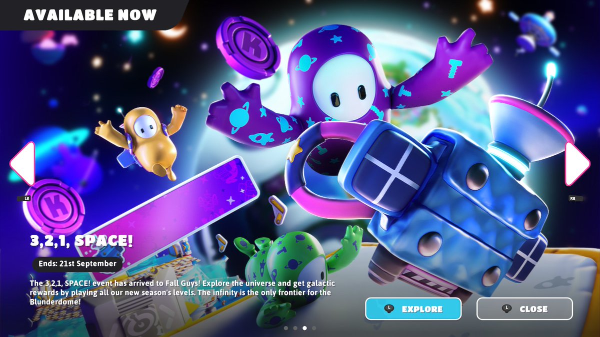 FG___network's tweet image. News: a new live event called 3, 2, 1, Space! Is now live on Fall Guys.
It features a new show of same name and new challenges, with some of them being locked.
#FallGuys #EpicGames #Mediatonic #news