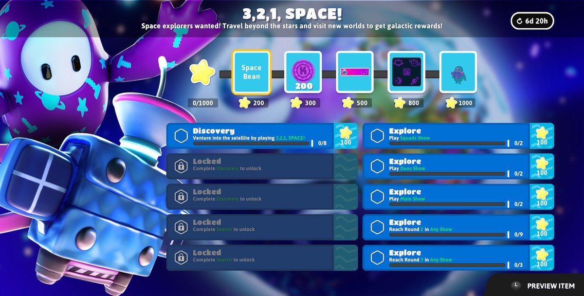 FG___network's tweet image. News: a new live event called 3, 2, 1, Space! Is now live on Fall Guys.
It features a new show of same name and new challenges, with some of them being locked.
#FallGuys #EpicGames #Mediatonic #news