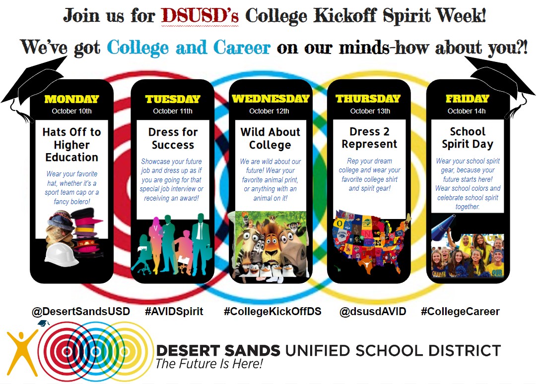 PdcmsP's tweet photo. @pdcmspanthers DSUSD's College Kickoff Spirit Week starts October 10th.  Join us!  (Uniform Policy still applies from the waist down)

#pdcmspride #dsusdavid #collegekickoffds #DSUSDPride https://t.co/VbCU0npFI1