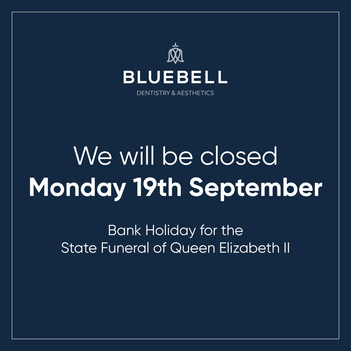 BluebellClinic's tweet photo. In order to pay our respects to her Majesty the Queen we will be closed on Monday 19th September, opening again as usual from Tuesday 20th.

For any questions please contact the team on 020 8500 6789
#QueenElizabethII https://t.co/4Jij8wW11d