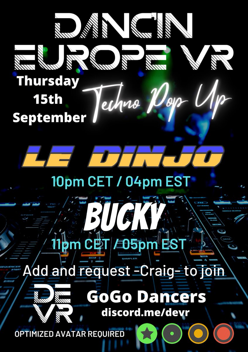 devrdance's tweet image. Tonight, Danc'in Europe VR (DEVR) is throwing an impromptu Techno Pop Up!

We will be joined by our 2 new DJ friends:
@LeDinjo
@BuckyBunker 

We are taking this occasion to live test our brand new DEVR club world "Partied away", inspired by asian folklore.
