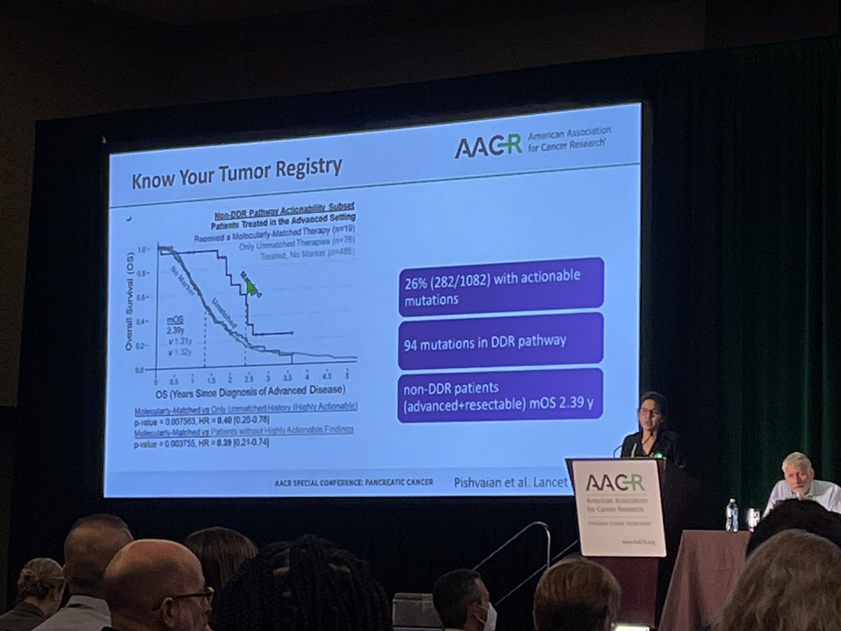 .<a href="/YehlabUNC/">Yeh Lab</a> presenting <a href="/PanCAN/">PanCAN</a> Know Your Tumor data from <a href="/MPishvaian/">Mike Pishvaian</a> showing survival benefit of #pancreaticcancer patients receiving #precisionmedicine matched therapy. #AACRpan22