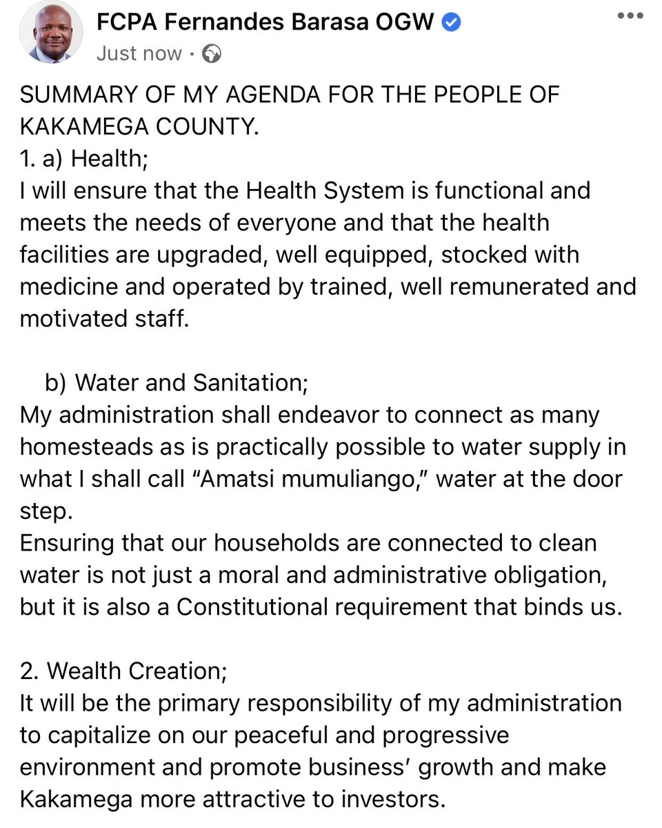 BarasaFernandes's tweet image. Summary of my agenda for the people of Kakamega.