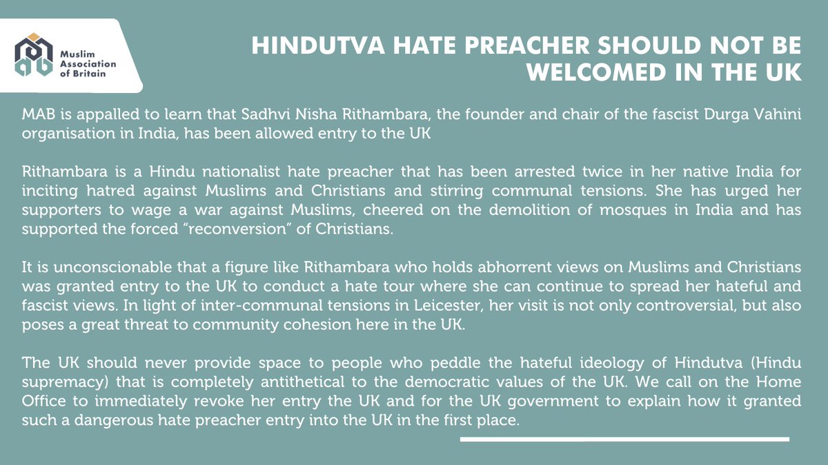 MABOnline1's tweet photo. STATEMENT | Hindutva hate preacher, Sadhvi Nisha Rithambara, who has incited hatred against Muslims and Christians in India and has urged her supporters to wage a war against Muslims has been granted entry to the UK.

We call on @ukhomeoffice to immediately revoke her entry. https://t.co/Ybocd8ZJXf