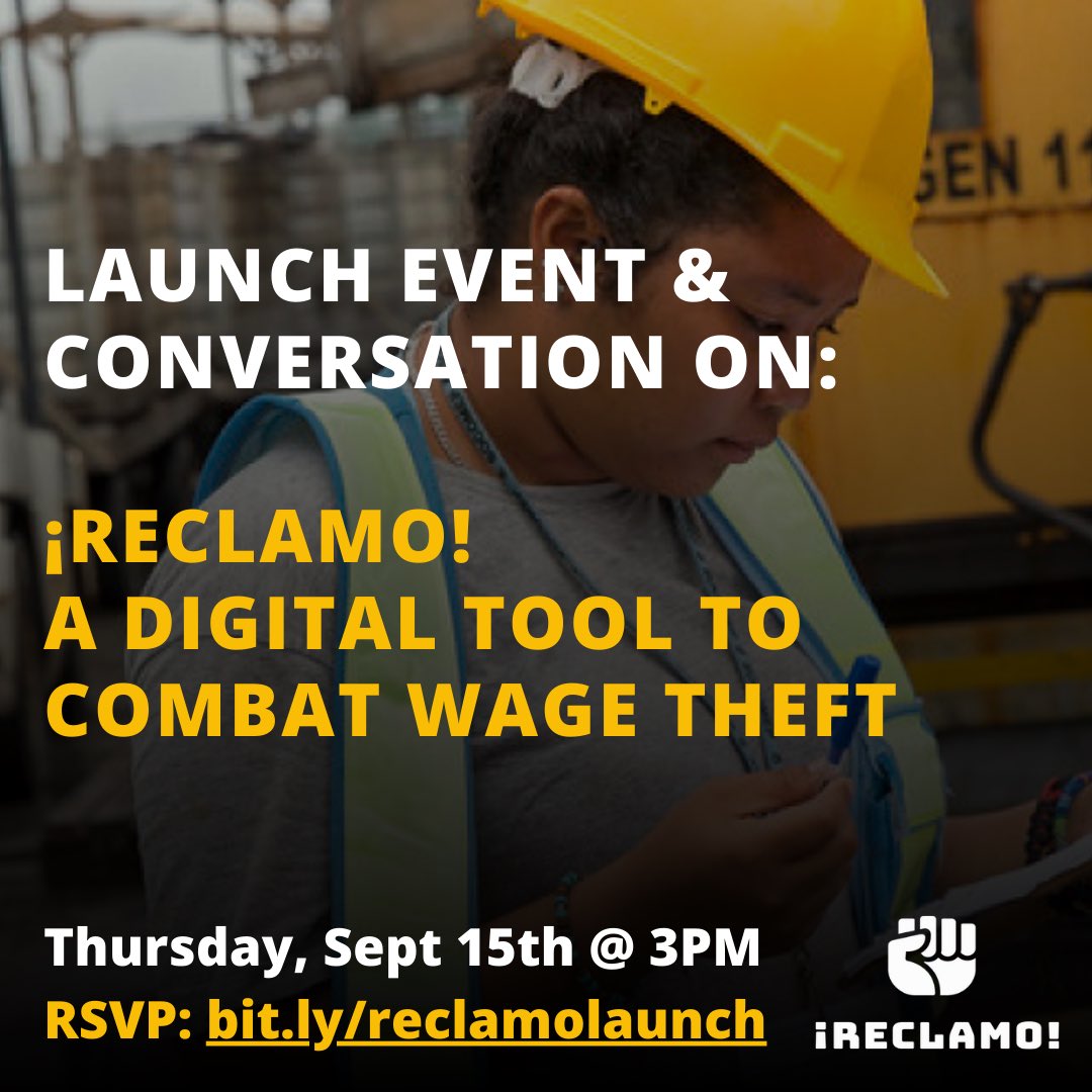 JusticiaLabs's tweet photo. 🎉¡Hoy estrenamos @reclamoapp! 🎉

Join @ImmAdvocates, @MaketheRoadNY, and worker advocates TODAY at 3 PM EST for the launch of ¡Reclamo! ✊🏾 - our digital tool to combat wage theft in New York!

RSVP 👉🏾 https://t.co/Is7rb6g5wf

#WorkersRights #WageTheft #HispanicHeritageMonth https://t.co/7dViRC4N9I