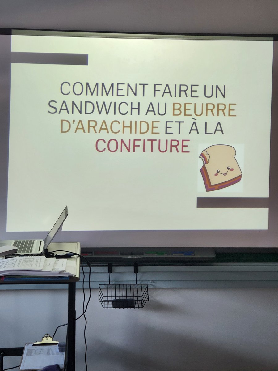 mmeashleymorgan's tweet photo. Having some fun team building, conversing and introducing procedural structures in FLA 8. Merci à Mme Tobin pour l'idée! Demain, we will follow our student written directions and see how our sandwiches turn out! 🍞🍯 We've already started a #MurDeMots and @CJHS_HRSB #approchehrce https://t.co/wax7ihCyBo