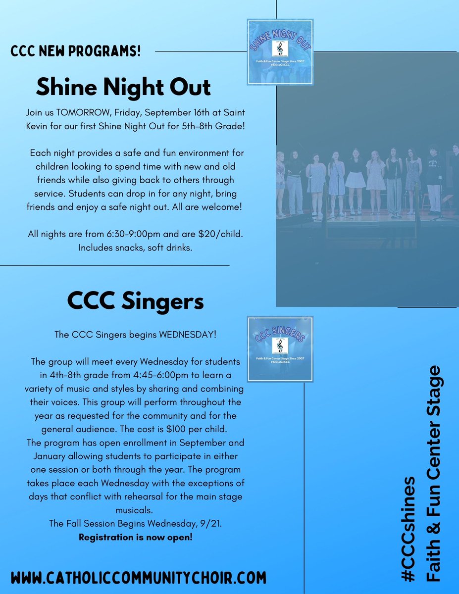 cccshines's tweet photo. Big Week Ahead at CCC! Don't miss our new programs! View our Current News Page for more info.
https://t.co/DrSh3dCDzj
#CCCshines #ShineOnCCC https://t.co/SkUOucerHf