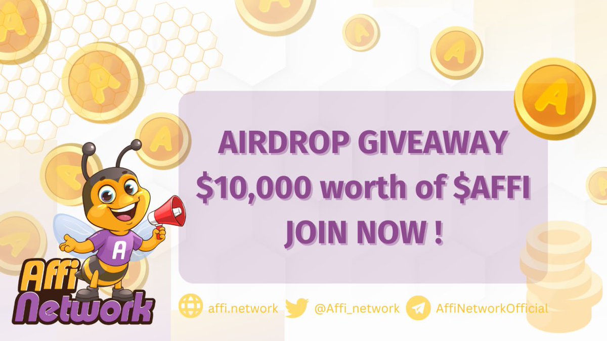New airdrop: Affi Network (AFFI)
Total Reward: 50,000 AFFI
Rate: ⭐️⭐️⭐️⭐️
Winners: 2,000 Random &amp; Top 200
Distribution: within a month after TGE

Bot Airdrop Link: t.me/AFFI_NETWORK_B…

#Airdrop #Airdrops #Airdropinspector #BSC #AffiNetwork #AFFI #Crypto #Bitcoin