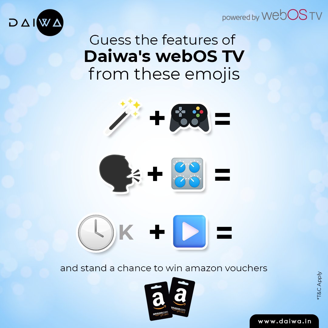 DaiwaIndia's tweet photo. Can you guess these features of #Daiwa's #webOS TV? Try your luck in the comments below 👀 and get a chance to win amazon vouchers worth ₹500, 3 lucky winners will be selected by a lucky draw.
＊T&amp;C Apply

Visit https://t.co/RGwH2awU8F  for hints!

#GuessTheFeatures #DaiwaTV https://t.co/OeGcTvUWcU