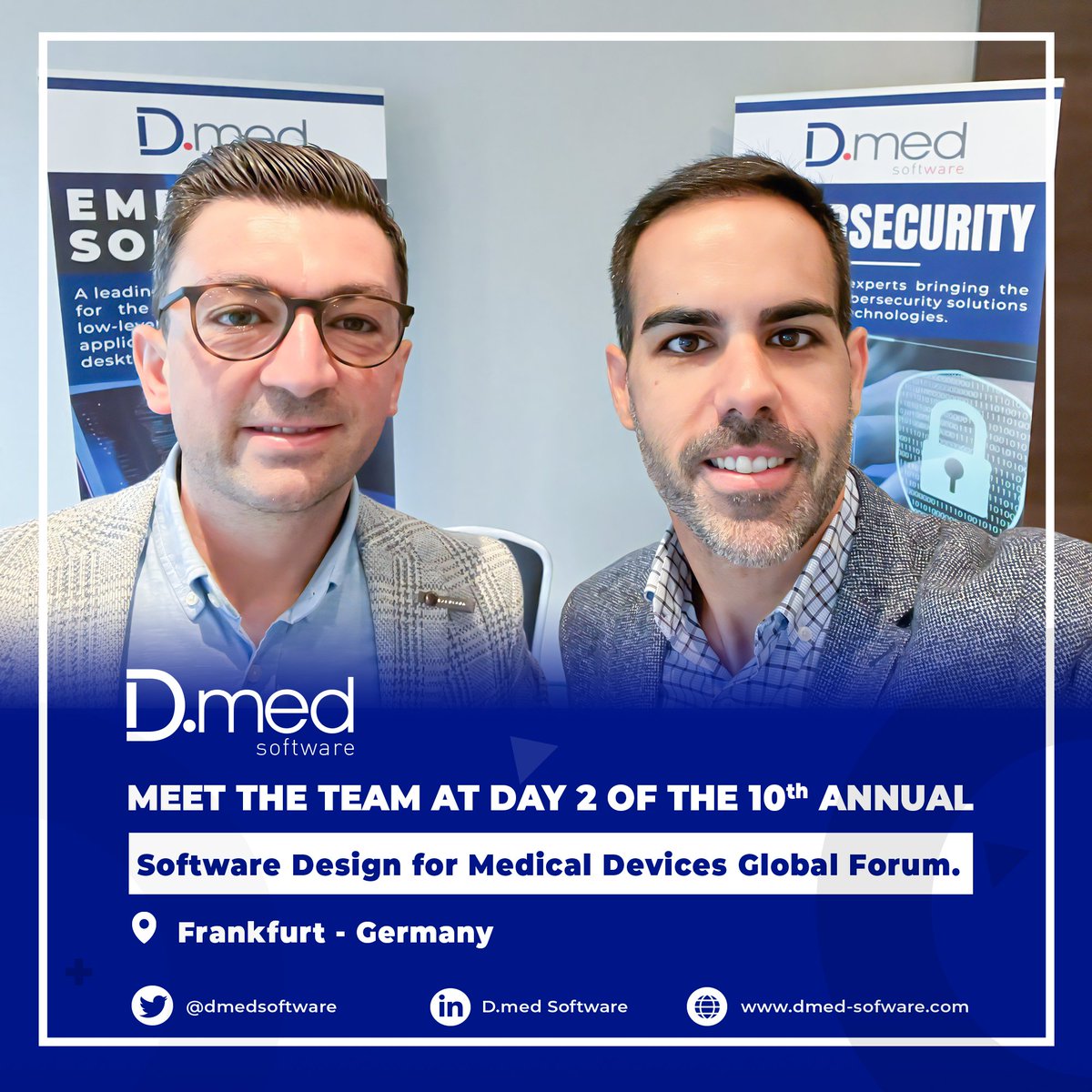 dmedsoftware's tweet photo. Meet our team, @vitiello_alex  and Alejandro Torres Molina at the Software Design for Medical Devices Conference.

To know more about our services, visit:
🌐: https://t.co/LJX4xmNOwN

#softwaredevelopment #medicaldevices #embeddedsoftware #CyberSecurity https://t.co/Rzot4d1RuU